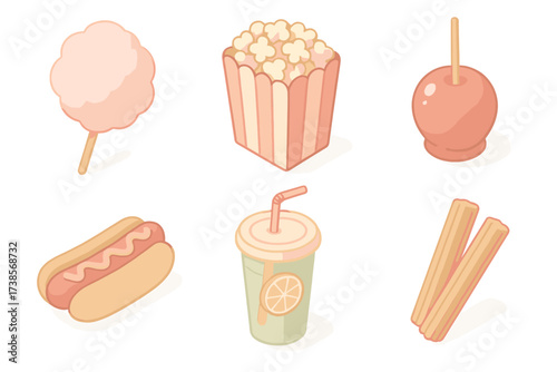 Carnival Treats Icons. Isometric vector illustration set of carnival food icons: cotton candy, popcorn box, candy apple, hot dog,