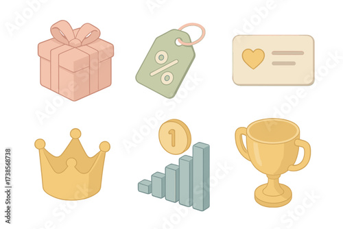 Customer Loyalty Icons. Isometric vector illustration set of customer loyalty icons: gift box, discount tag, loyalty card, crown
