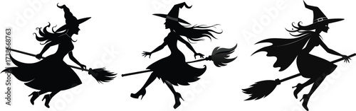 Halloween Witch Silhouette Vector Set on Broomstick,Silhouette of a female witch,witch flying on a broom,Vector black silhouette,witch flying on a broom for halloween design,Three witches flying,Ai