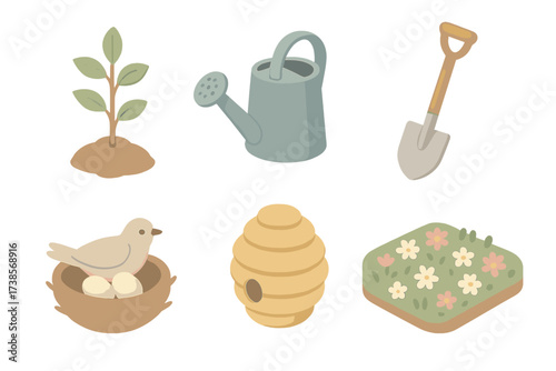 Reforestation Icon Set. Isometric vector illustration set of reforestation and habitat icons: tree sapling, watering can, shovel,