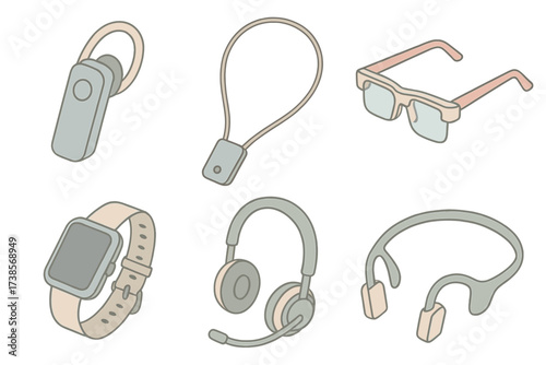 Communication Wearables Icon Set. Isometric vector illustration set of communication wearables: Bluetooth earpiece, smart necklace