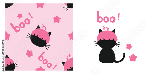 Cute black cat halloween set in pastel pink with “boo” text and star accents, hand-drawn kawaii kitten graphic and seamless repeat for kids fabric, pajamas, wrapping and party decor.