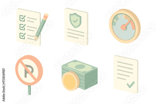 Rental Policies Icons. Isometric vector illustration set of rental policies icons: checklist, insurance document, speedometer,