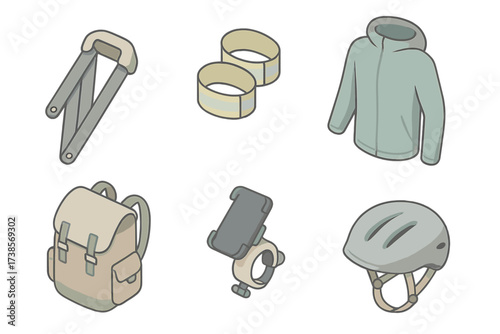 Urban Cycling Gear Icons. Isometric vector illustration set of urban cycling gear icons: folding lock, reflective ankle straps,