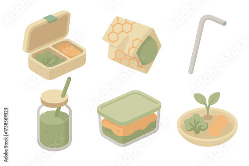 Sustainable Food Icons. Isometric vector illustration set of urban cycling gear icons: folding lock, reflective ankle straps, rain