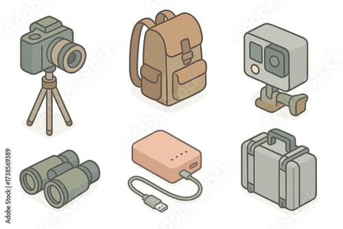 Outdoor Photography Icons. Isometric vector illustration set of outdoor photography icons: camera on tripod, backpack, action