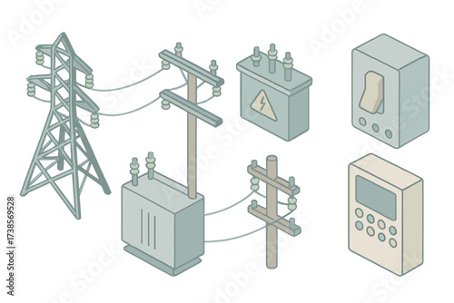 Electricity Icon Set. Isometric vector illustration set of electricity distribution icons: transmission tower, power lines,