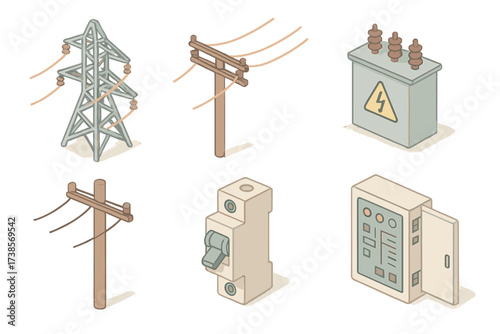 Electricity Icon Set. Isometric vector illustration set of electricity distribution icons: transmission tower, power lines,