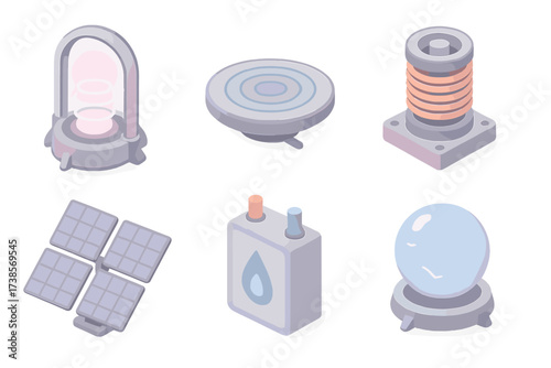 Futuristic Energy Icons. Isometric vector illustration set of futuristic energy icons: plasma reactor, wireless charging pad,