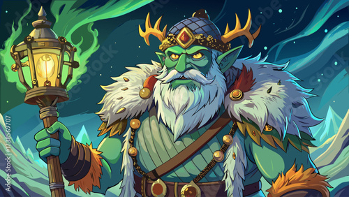 Elder frost troll wearing shield crown, lichen covered skin, cold flame lantern hanging, seafarer ropes dangling, aurora sky background glowing, semi-realistic vector design, reduced palette, clear 