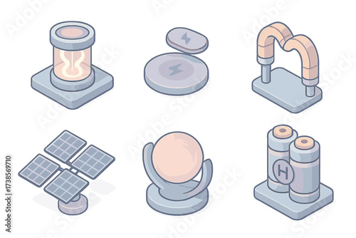 Futuristic Energy Icons. Isometric vector illustration set of futuristic energy icons: plasma reactor, wireless charging pad,