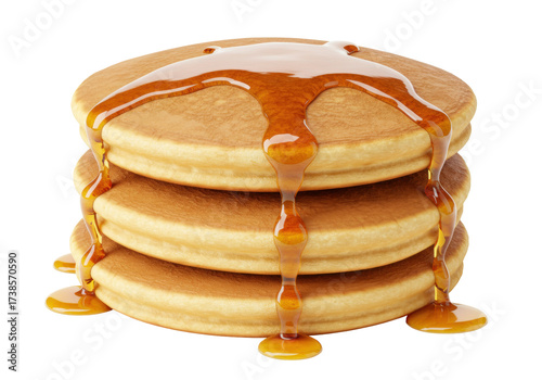 Tableau sur toile Stack of three pancakes with maple syrup isolated, breakfast food on transparent
