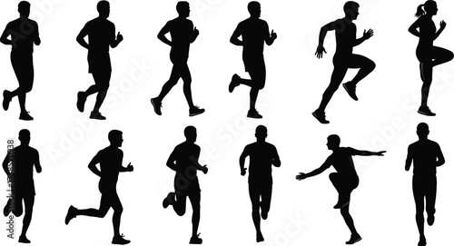 Black silhouette of running people, male and female runners in different poses, training and sport activity, isolated on a white background