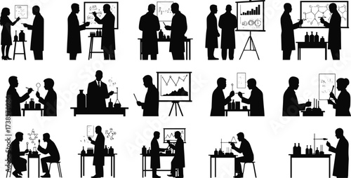 Black silhouette of scientists working in a chemical laboratory, a man and a woman conducting research, experiments, isolated on white