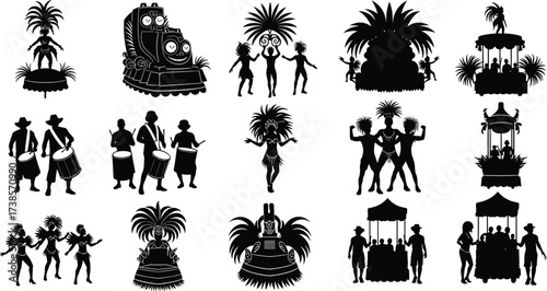 Black silhouette of people celebrating carnival, brazilian carnival, musicians, dancers, decorated parade floats, street festival isolated on white