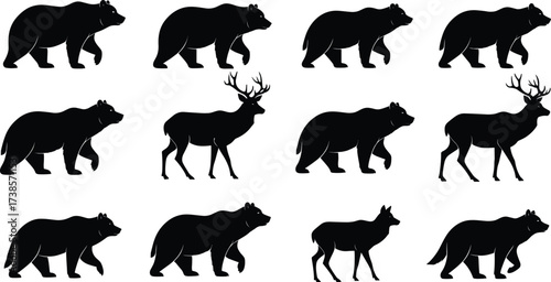 Black silhouette of wild animals, walking bears and deer isolated on a white background, wildlife, wilderness, forest animals, nature