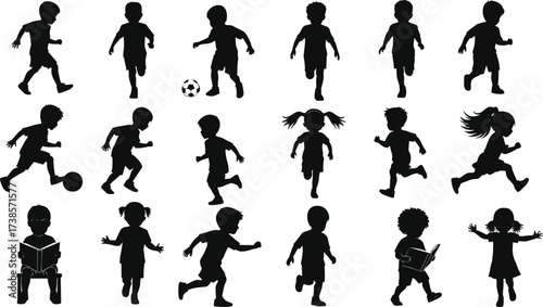 Collection of black and white silhouettes depicting a variety of children playing, running, and reading, isolated on a white background