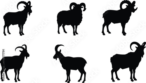 Collection of detailed black and white silhouettes of mountain goats and rams, showcasing their impressive horns and sturdy build, on a white background