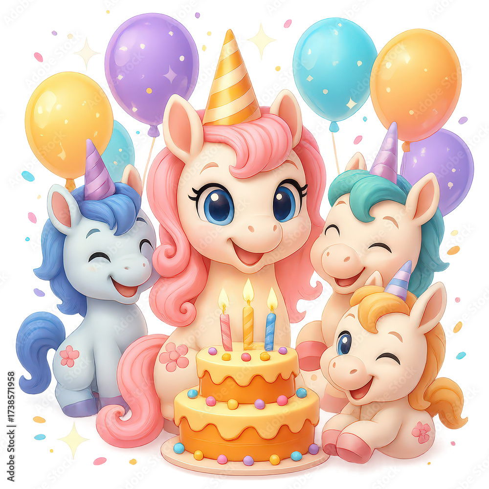 Naklejka premium Cute cartoon unicorns celebrating a birthday with balloons, party hats, and a big cake. Bright, colorful, and joyful illustration perfect for kids' themes.