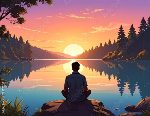 Peaceful Sunrise Meditation by Lake.