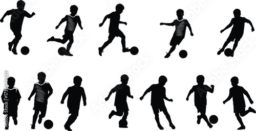 Kids soccer player vector silhouette set, young athletes on a football field, children kicking and passing the ball, boys sport team