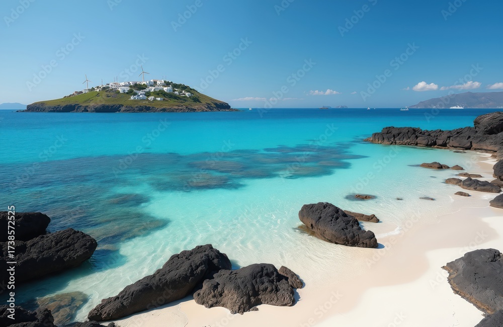 Fototapeta premium Clear turquoise water laps a sandy beach with dark rocks. A distant island village has white buildings and windmills under a bright blue sky. Ships sail on the horizon.