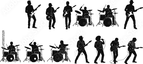 Musicians black silhouettes set, including electric guitar players, drummers, and a singer performing on stage