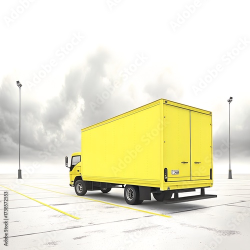 Box truck parked in empty lot under overcast cloudy sky