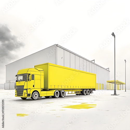 Semi-truck side view in empty industrial area with dull sky