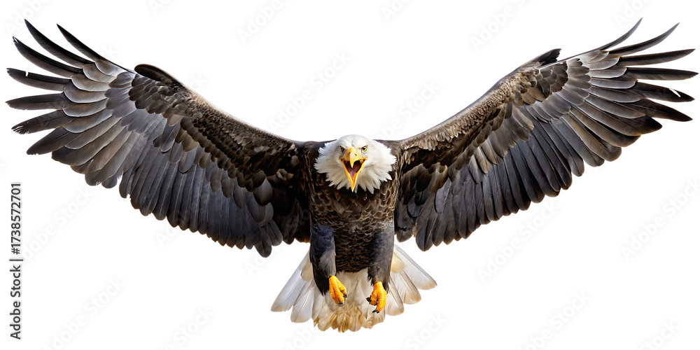 Fototapeta premium Bald Eagle with Open Beak and Spread Wings isolated on a transparent background bird