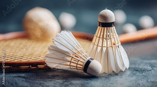 Badminton sport equipments, rackets and shuttlecocks on dark floor of indoor badminton court, soft focus, concept for badminton playing lovers around the world, copy space.