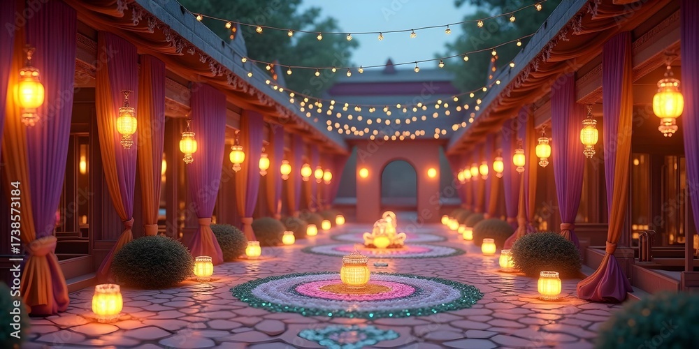 Obraz premium Festive Courtyard at Night with Lanterns and Decorations