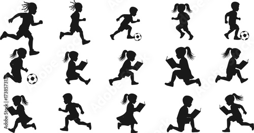 A set of silhouettes of diverse young boys and girls, engaged in activities like reading books and playing soccer, on a white background