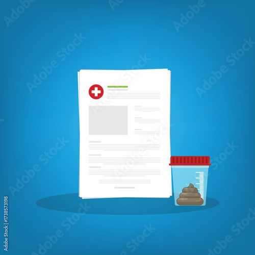 Stool analysis. Stool test icon. Medical sample in a glass tube and clipboard. Laboratory container with excrement. Vector illustration flat cartoon design.	