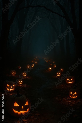 Halloween Pumpkins Glowing in the Dark Woods