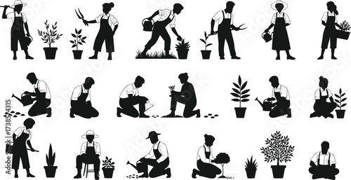 Gardener and people planting and watering plants, black silhouette vector illustration set for a nature and farming theme