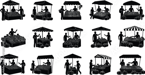 Farmers market, food stalls, and vendors in a black silhouette, selling fresh fruits, vegetables, and produce under canopies and awnings