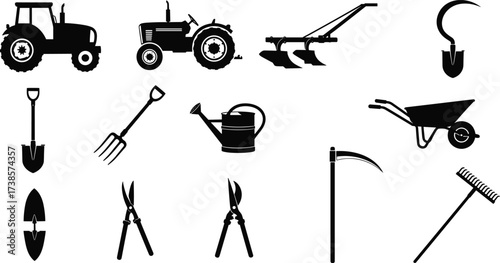 Farming and gardening tools and equipment, agricultural machinery, and hand tools silhouette vector illustration pack on a white background