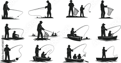 Fisherman and people fishing with rods and nets, in various poses on a river bank or in a boat, in a silhouette collection