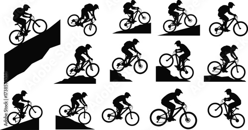 People gardening and planting, using watering cans, shovels, and rakes, black silhouette vector illustration set on a white background