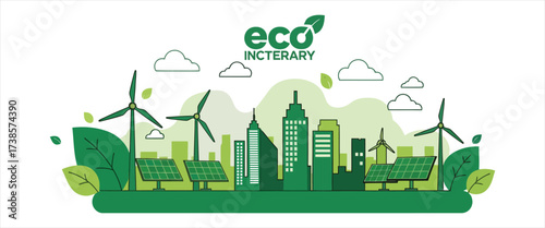 Green city skyline with wind turbines and solar panels representing eco-friendly energy and sustainability