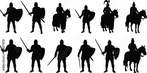 Knight and warrior silhouettes with swords and shields, some on horseback, vector illustration set on a white background