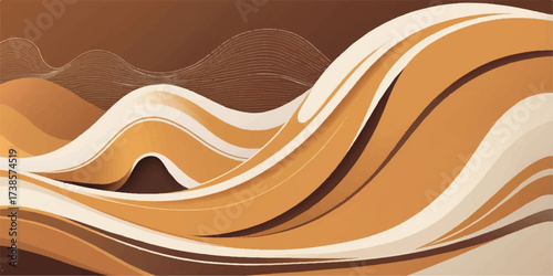 The vector illustration features an abstract chocolate background with orange and yellow waves, creating a fluid design pattern for a food concept banner