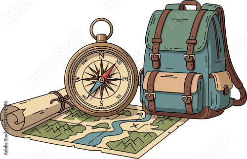 Vintage compass backpack and map for adventure and exploration