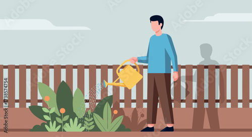 Man watering plants in a garden with a yellow watering can