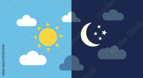 Day and night sky with sun moon and clouds
