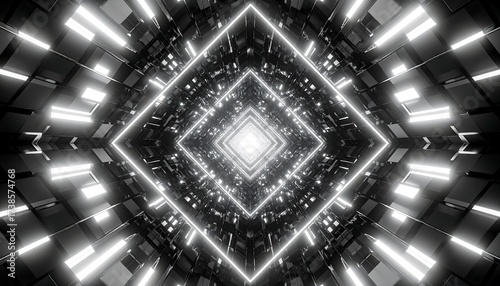 Fototapeta Naklejka Na Ścianę i Meble -  A grayscale, geometric tunnel of shimmering light emanates from the center, creating an illusion of infinite depth with reflective surfaces
