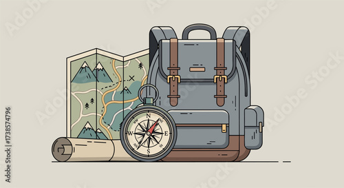 Vintage backpack compass and map for outdoor adventure and travel