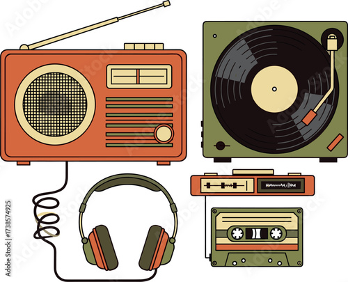Vintage audio equipment collection featuring radio turntable headphones and cassette