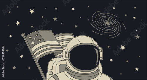Astronaut plants american flag in starry galaxy